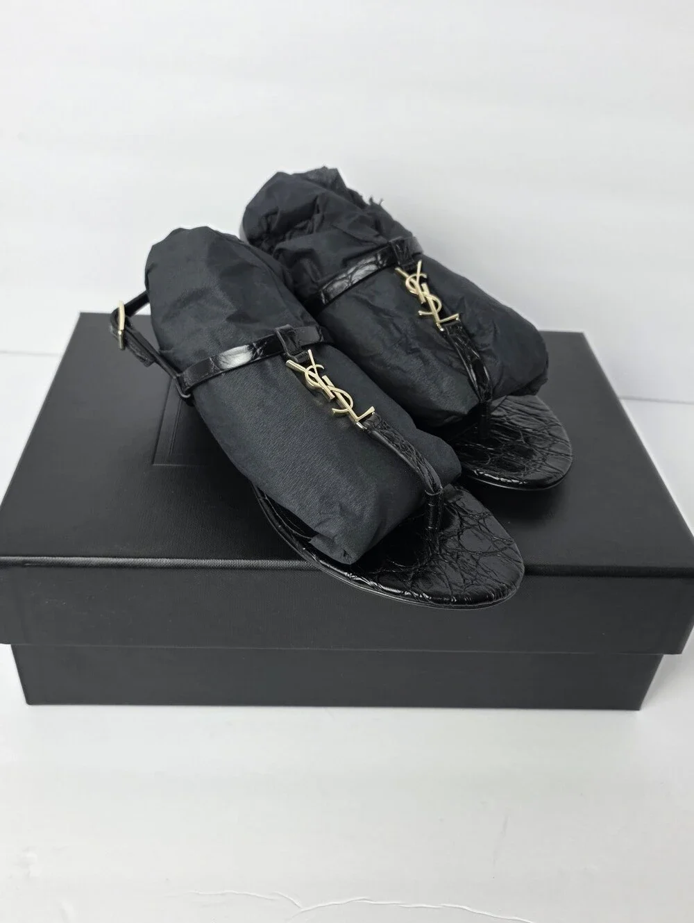 Saint Laurent Cassandra Embossed Croc Flat Sandals Black Size 6.5